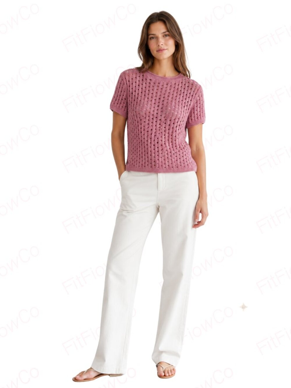 DKNY Jeans Open Knit Crewneck Sweater Dusty Pink Short Sleeve XXS NWT